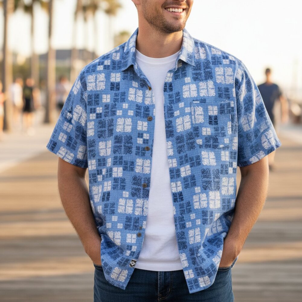 Nat Nast Luxury Originals American Fit Mens 2XL Blue Geometric Button‎ Up Silk
